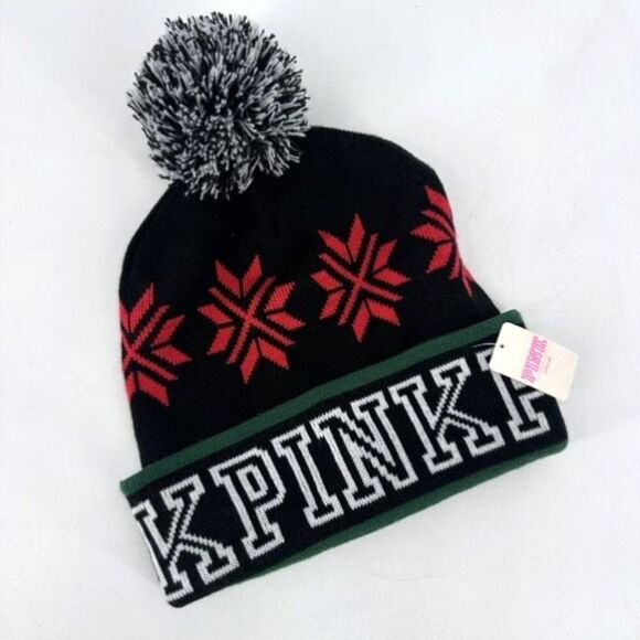 NWT VICTORIA'S SECRET PINK BLACK RED & GREEN POM POM COZY BEANIE HAT ONE SIZE - Picture 1 of 3